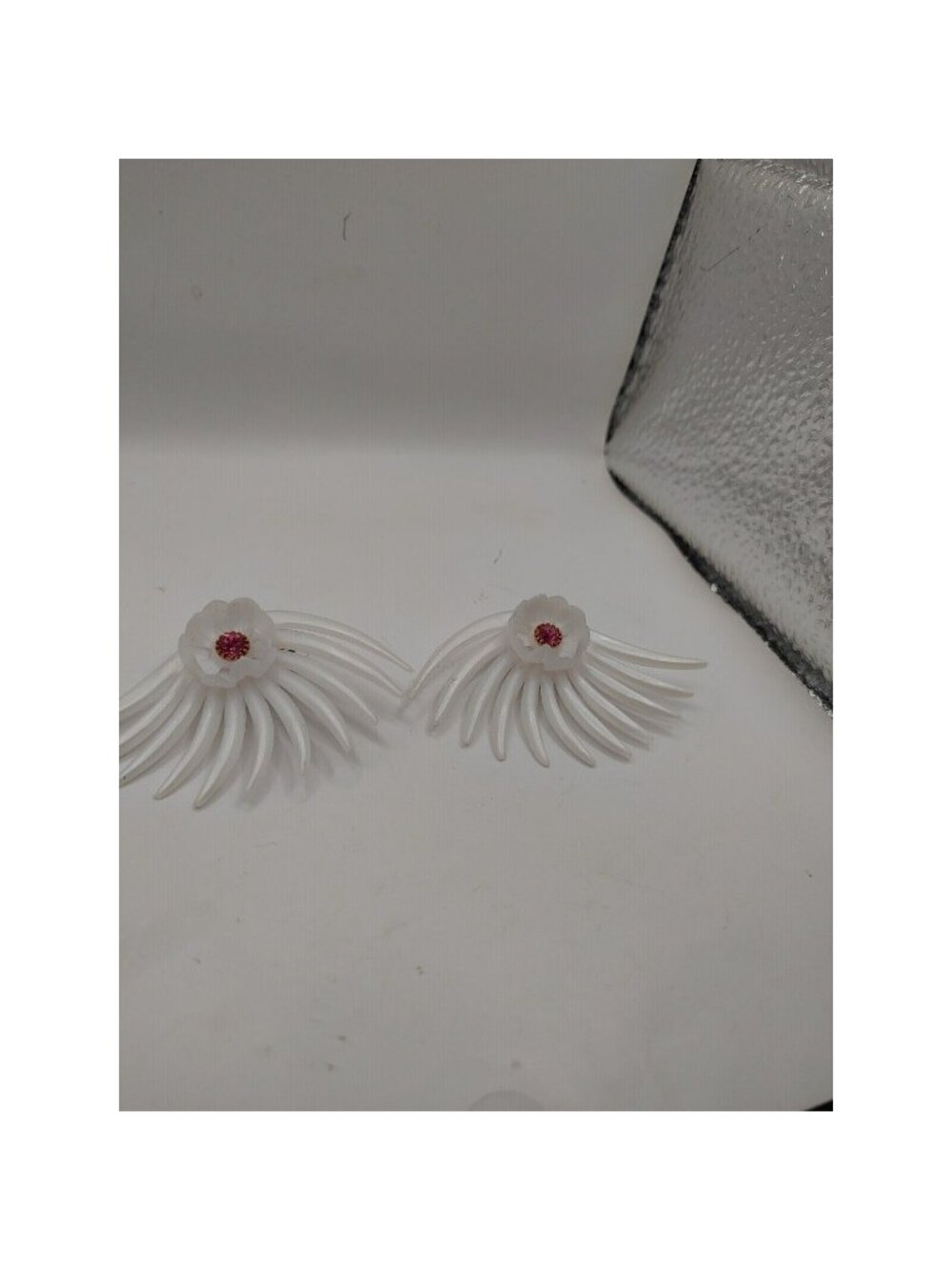 Vintage clip On Earrings White Plastic Pink Rhinestone Center  # 1